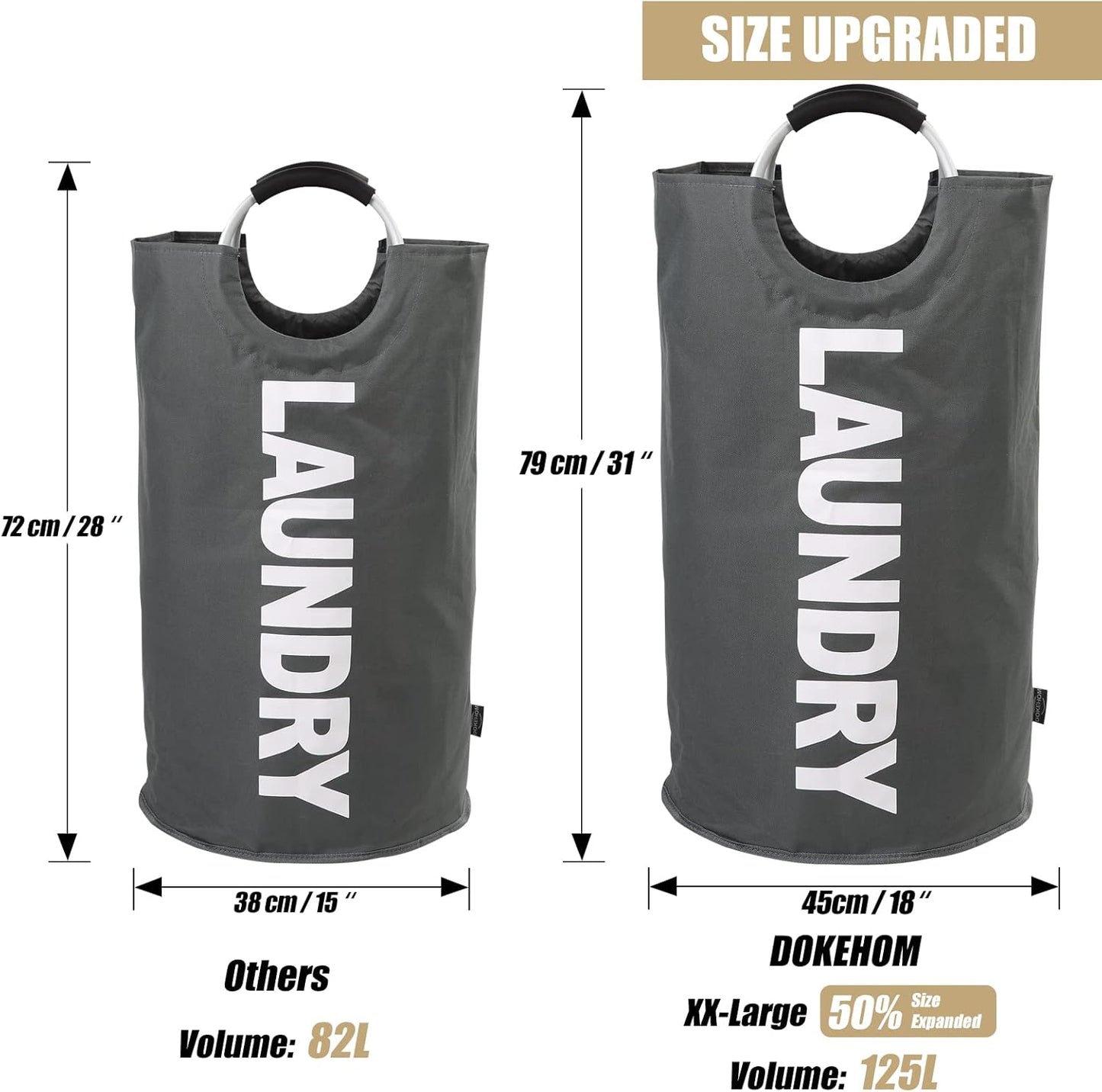 DOKEHOM 125L X-Large Collapsible Washing Laundry Basket Bag (7 Colors) for Bedroom, Fabric (Dark Grey, XL)