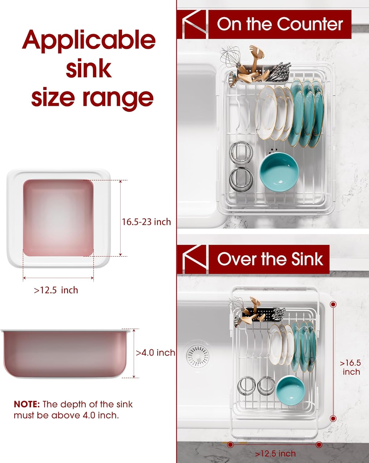 Stainless Steel Dish Drying Rack for Kitchen Counter, Sink Organization and Storage Essentials with Silverware & Utensil Holder, Home and Apartment Decor, 12" W x 16.1~23" L, White