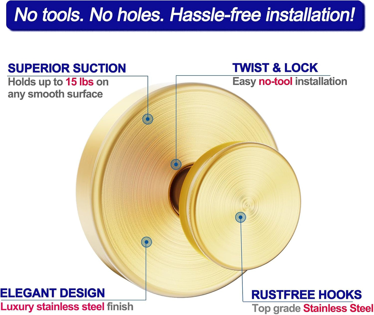 Suction Cup Hooks for Shower, Towel Hooks for Bathroom Window Glass, Bath Robe Looafh Hook for Hanging - 2 Pack, Gold