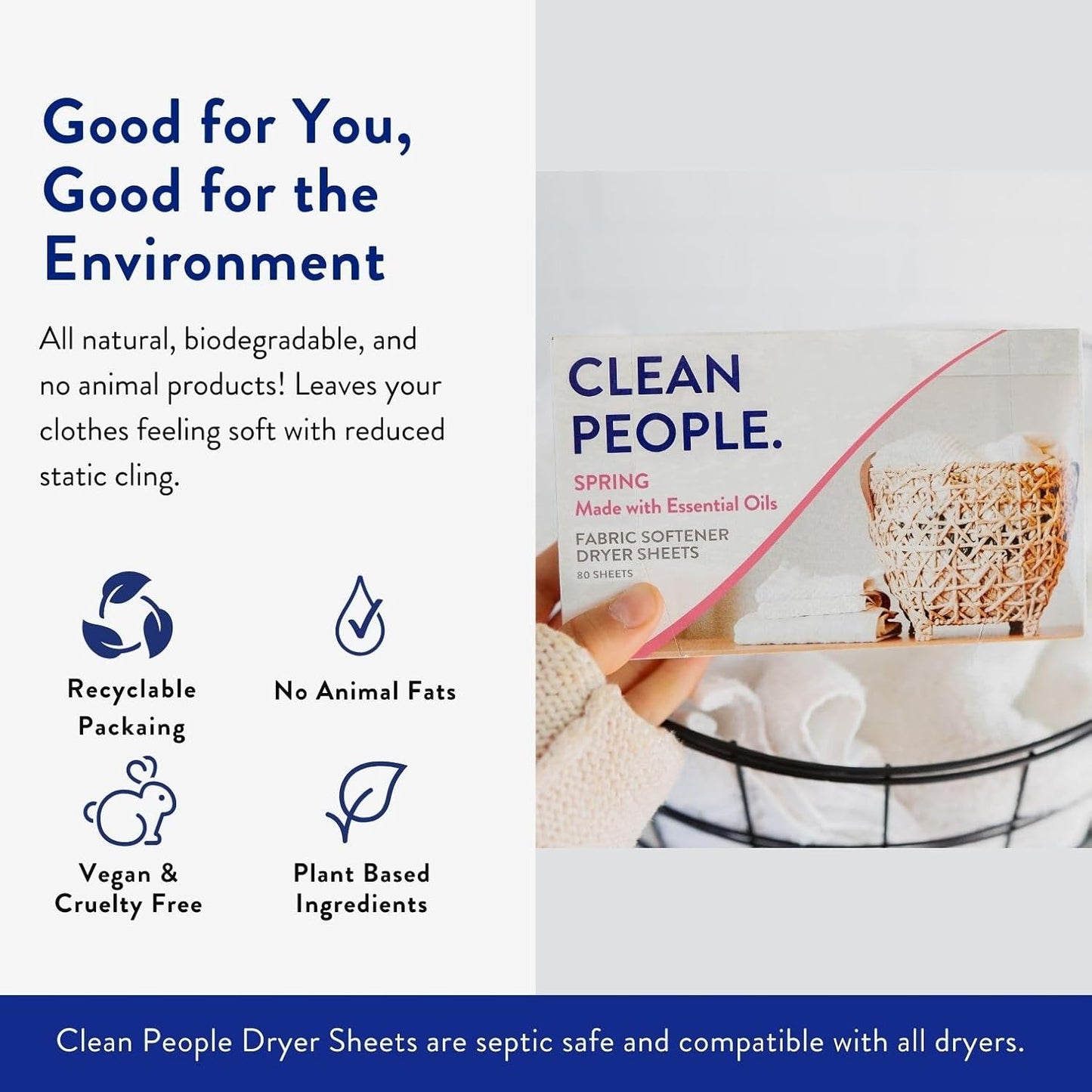 The Clean People Fabric Softener Sheets - Dryer Sheets - Softens & Removes Static Cling - Vegan Laundry Softener, Essential Oils - Spring 240 Pack