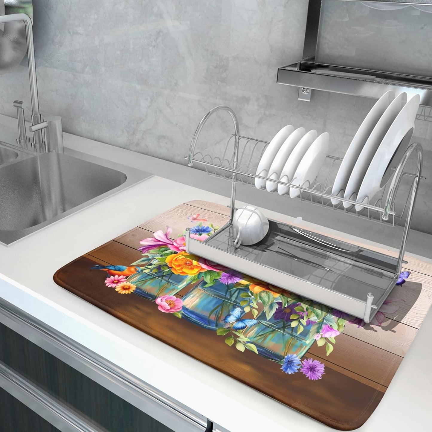 Spring Flowers Dish Drying Mat for Kitchen Counter 18x24in Vintage Plants Colorful Floral Kitchen Drying Mat Soft Absorbent Microfiber Farmhouse Flowers Dish Drainer Rack Mats for Kitchen Countertops