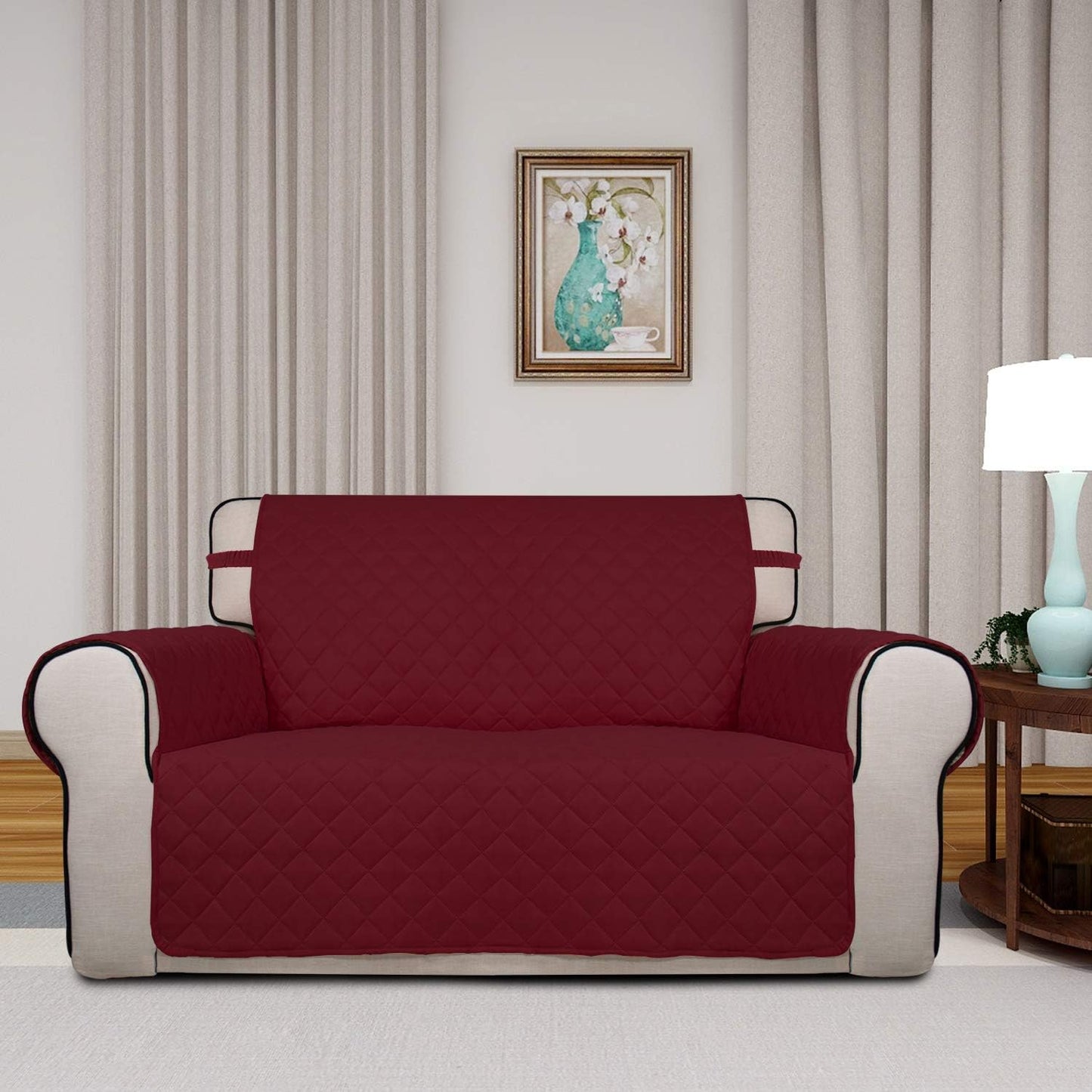 PureFit Reversible Quilted Sofa Cover, Water Resistant Slipcover Furniture Protector, Washable Couch Cover with Non Slip and Elastic Straps for Kids, Pets (Loveseat, Red/Ivory)