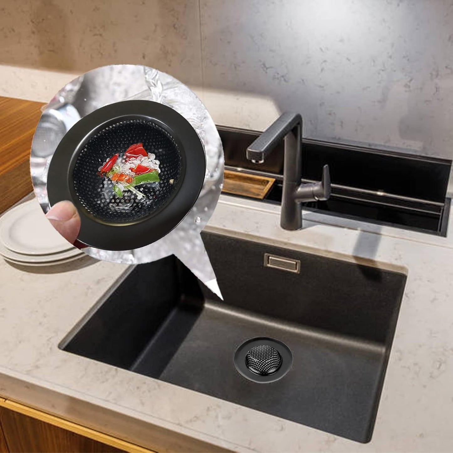 2 Pcs Black Stainless Steel Mesh Sink Drain Strainer, 2.16" Top/1.29" Kitchen Filter Trap Basket,Large Food Catch for Bathroom Bathtub Wash basin Floor drain balcony RV Drain Hole Electroplated Coatin