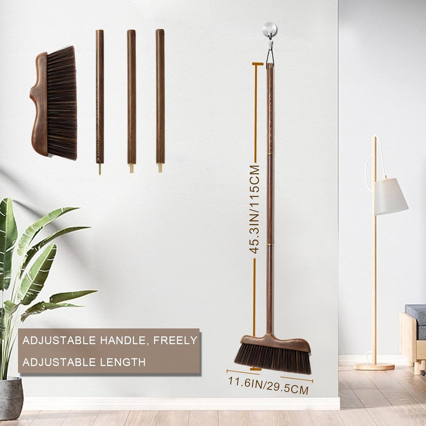 Wood Angle Broom – 44.8” Wooden Handle Compact Brooms for Indoor Kitchen – Soft PP Bristles, Durable Sweeping Broom