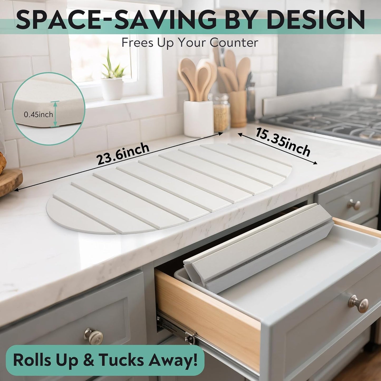 Large Stone Drying Mat for Kitchen Counter, 24x16 Foldable Self Stone Dish Drying Mat, Absorbent Food Grade Diatomaceous Earth Dish Dry Mats for Sink Bathtub