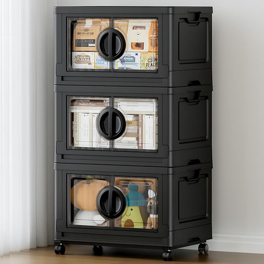 JEKO&JEKO 249Qt Lockable Stackable Storage Bins with Lids, Collapsible Closet Organizer with Wheels, Plastic Cabinet Drawer for Clothes, Dorm Room 3 Pack (Black)