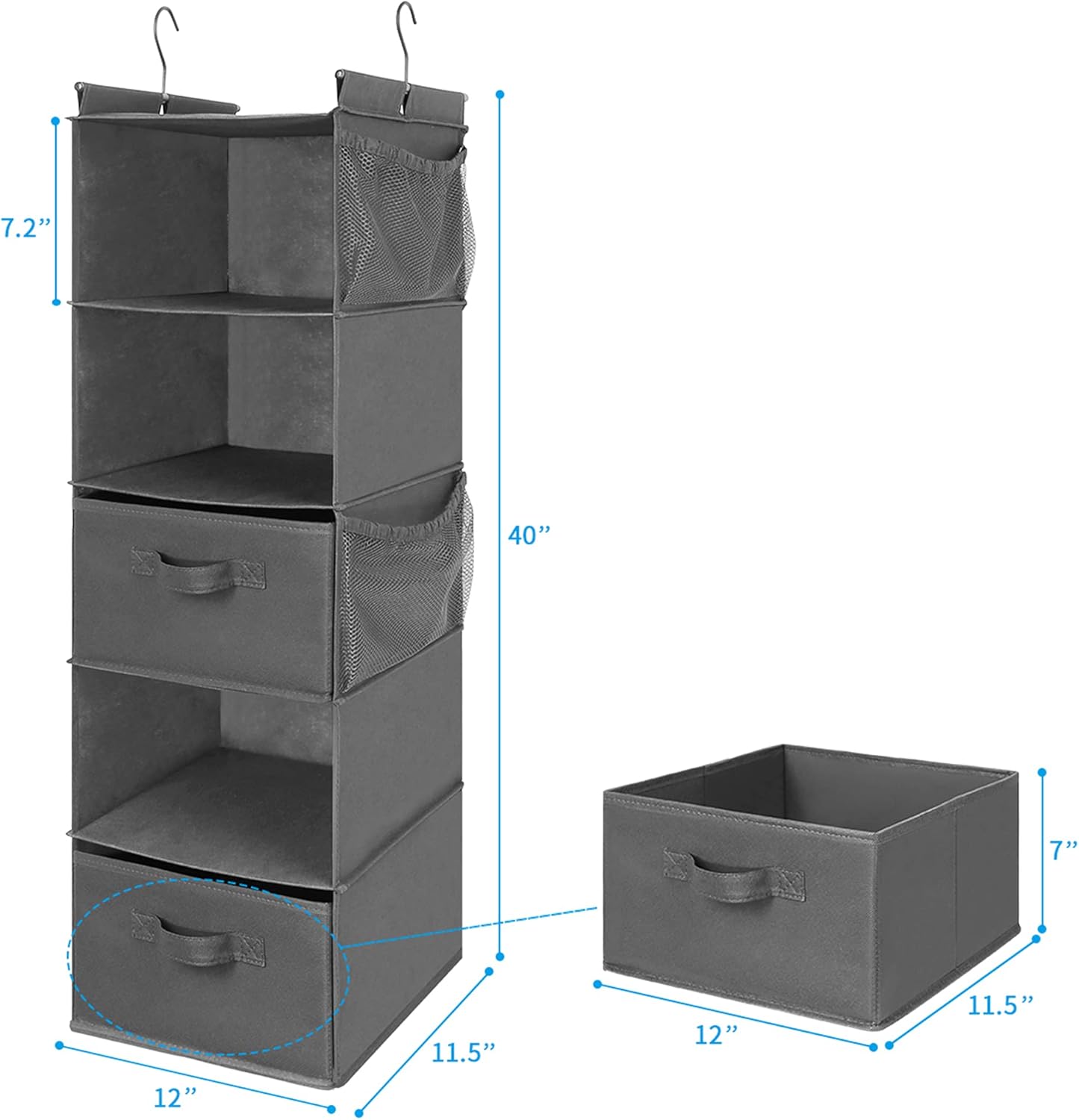 MAX Houser 5 Tier Shelf Hanging Closet Organizer, Cloth Hanging Shelf with 2 Sturdy Hooks for Storage, Foldable (Grey-D2)