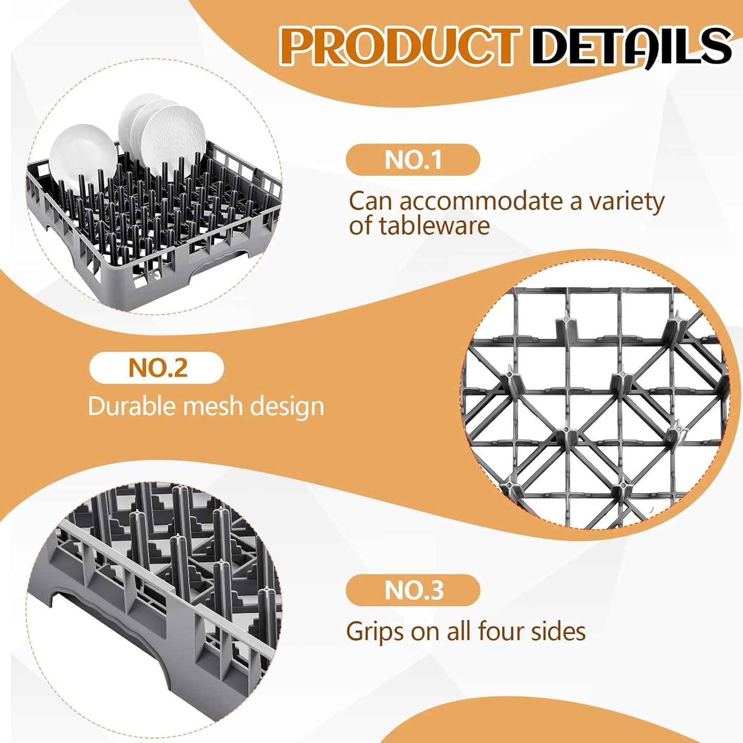 Commercial Dishwasher Tray Rack Polypropylene Full Size Flatware Rack for Bowls Plates Knives Forks Cups(19.7 x 19.7 x 3.97 Inch,Peg Dish,Gray)