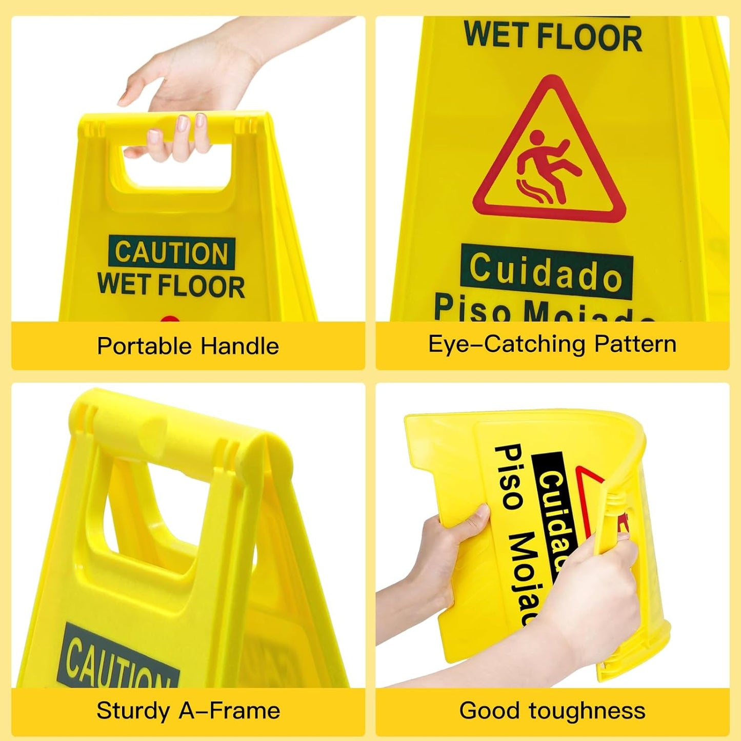 2-Pack Caution Wet Floor Sign, 17.5" Height, Bright Yellow, Double-Sided Folding A-Frame Design - Commercial Safety Sign with Bilingual Message