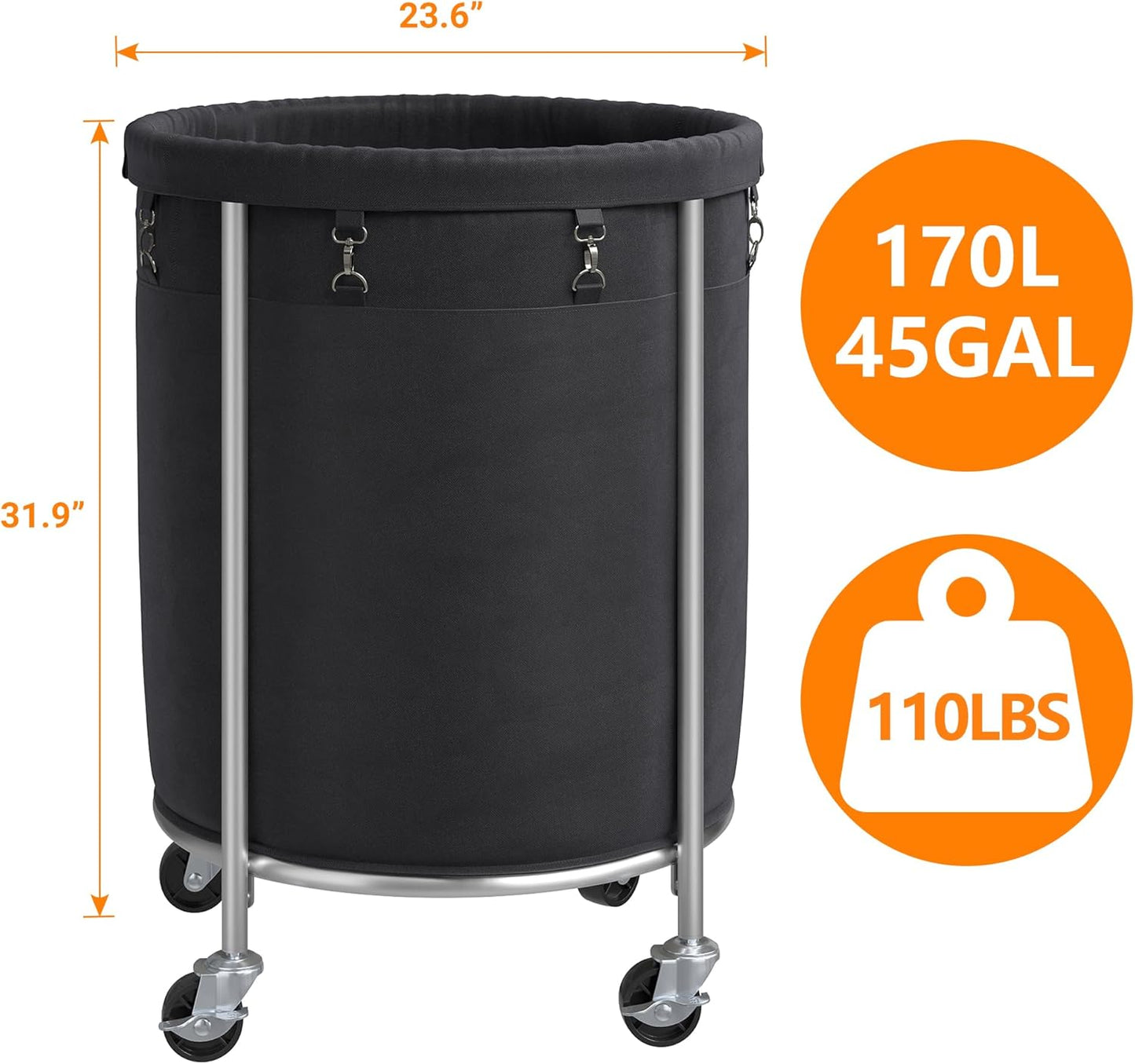 ELYKEN Laundry Hamper on Wheels, 23.6" Diameter 170L Large Capacity Laundry Basket with Removable Liner Bag, Easy Rolling Clothes Cart with 4 Casters and 2 Brakes, Sturdy Metal Frame, Black