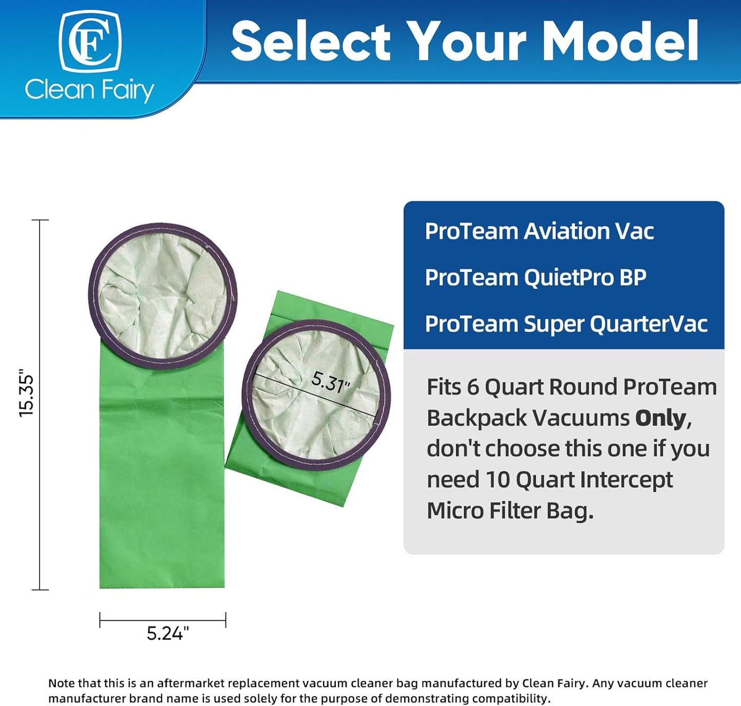CF Clean Fairy 15pack Vacuum Bags Compatible with ProTeam Aviation Vac QuietPro BP & Super QuarterVac Models Replacement for Part #100431 6Qt Intercept Micro Filter Bag 15.35" long 5.24" wide
