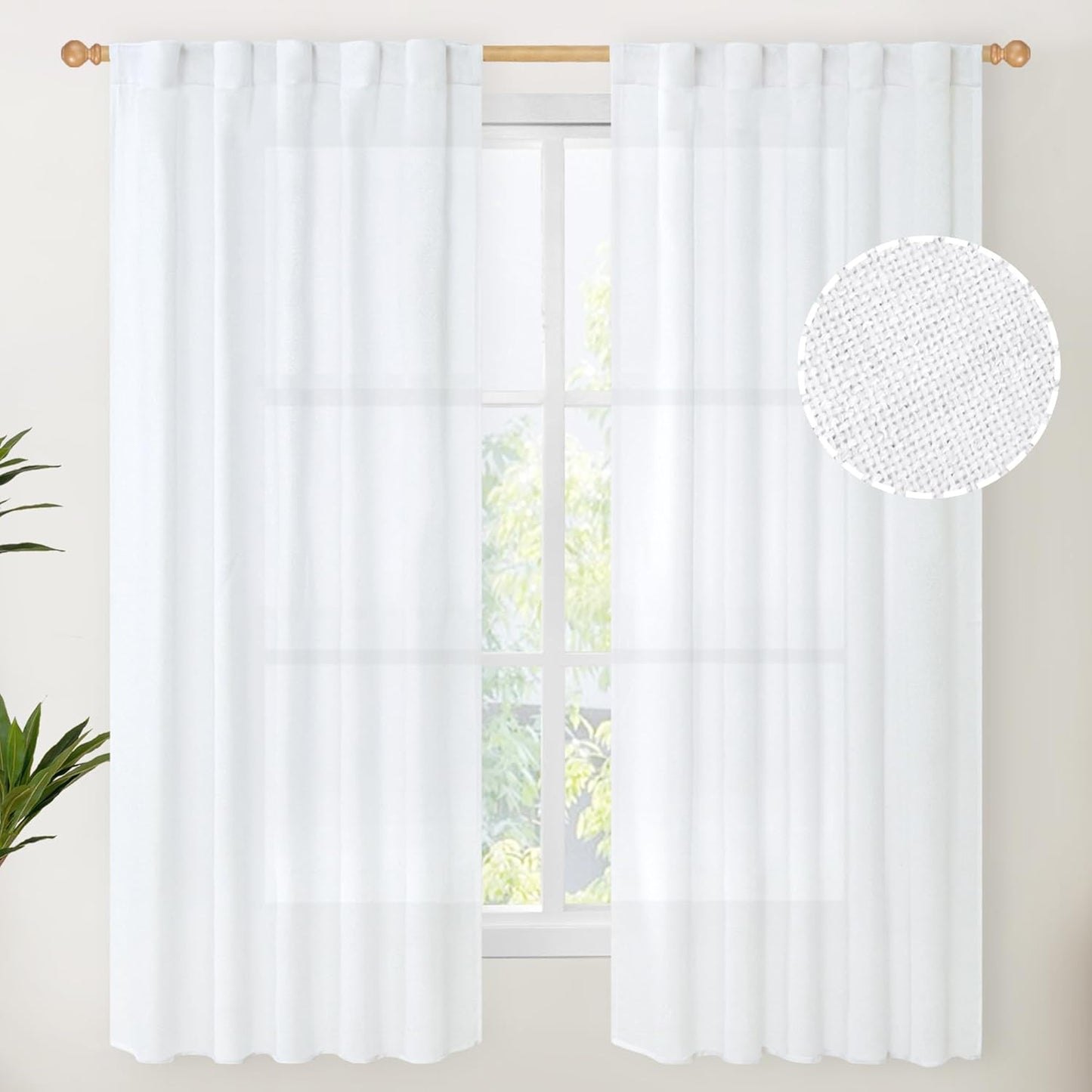 YoungsTex White Linen Semi Sheer Curtains 63 Inch Length for Short Window, Light Filtering Rod Pocket Drapes for Living Room Bedroom Office Rustic Country, 42 X 63 Inch, 2 Panels