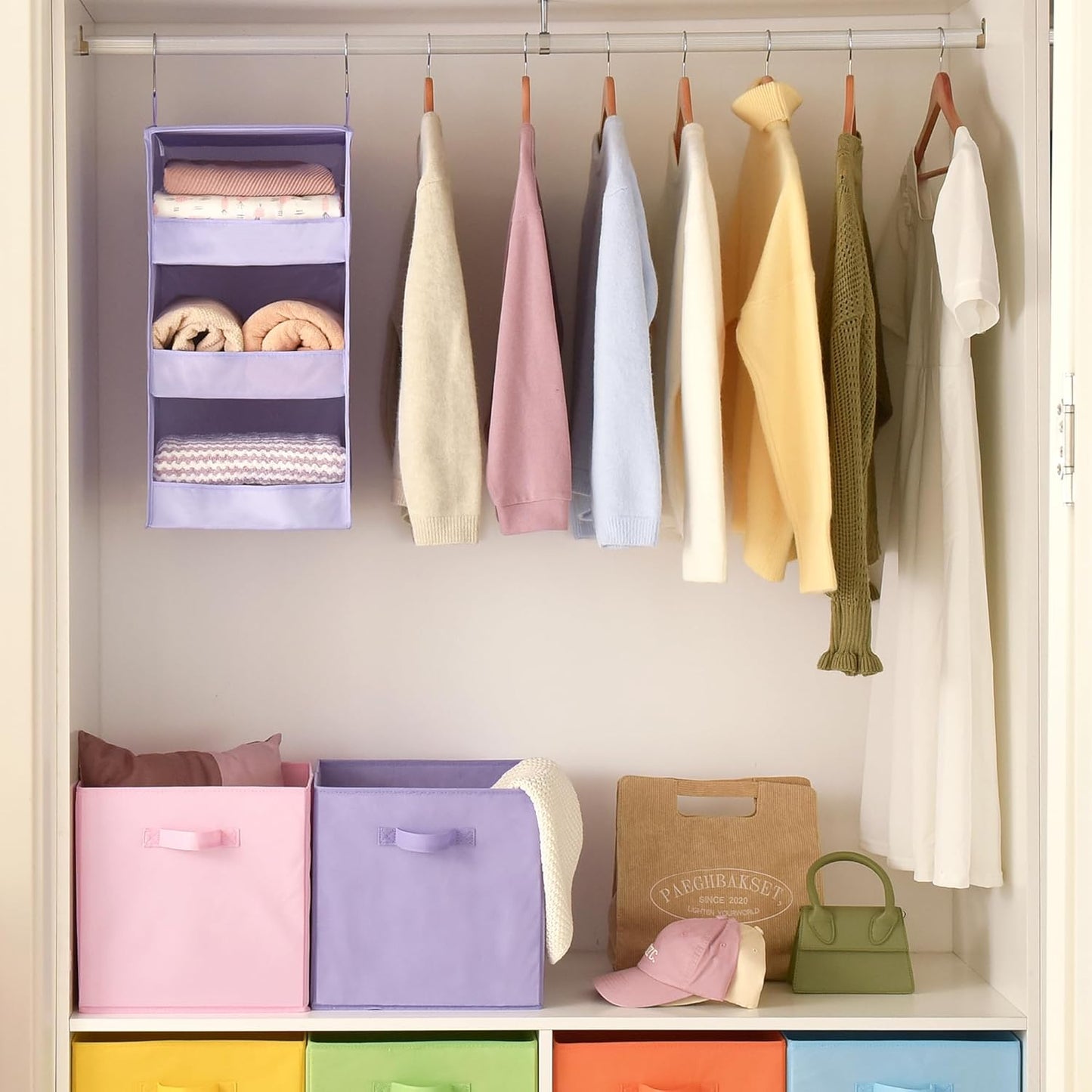 GRANNY SAYS 3 Shelf Hanging Closet Organizers and Storage, Collapsible Closet Storage Organizer with 2 Metal Hooks, Leak-Proof Hanging Shelves for Nursery, Kids Room, Bedroom, 1 Pack, Purple