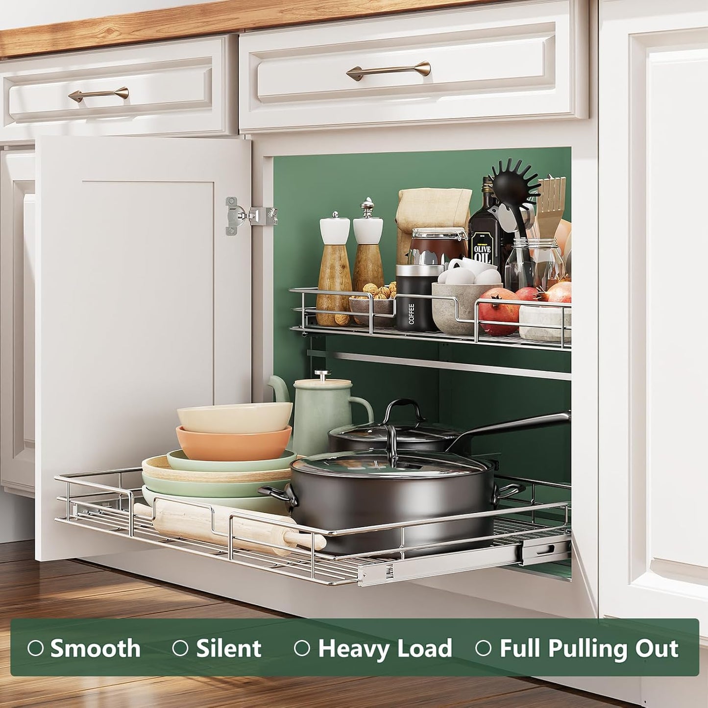 LOVMOR 2 Tier 28½"W x 21½"D, Individual Pull Organizer Kitchen Cabinet Storage Sliding Shelves