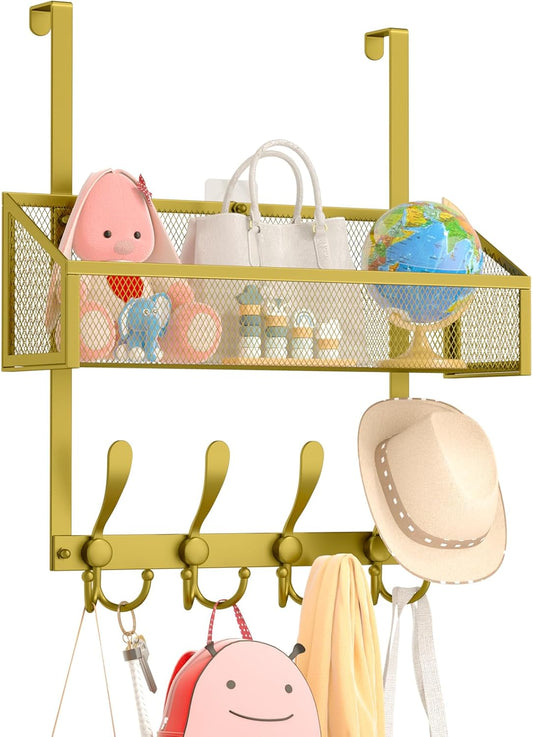 Over The Door Hooks Organizer, Coat Rack Over The Door Storage Hanger Towel Rack, Back of Storage Organizer for Bathroom,Bedroom,Kitchen,Office(Gold 2-Tier)
