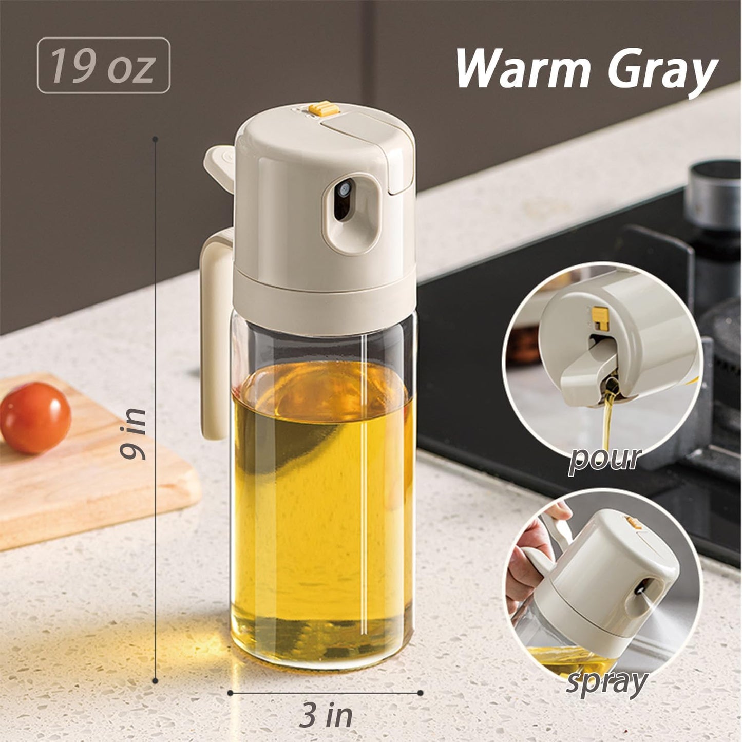2 in 1 Glass Oil Sprayer and Dispenser for Kitchen, 550ml Olive Oil Bottle, Leakproof Food-Grade Oil Mister & Pourer for Air Fryer, BBQ, Salad, Baking