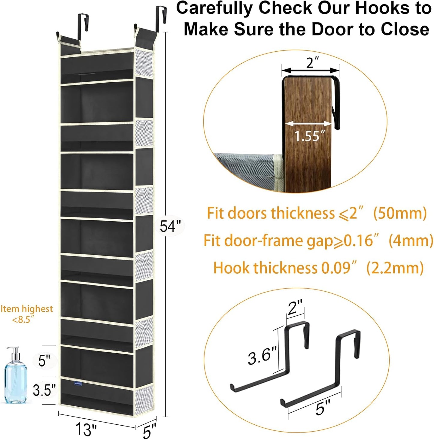 2 Pack Over The Door Hanging Organizer - 6 Shelves & 12 Side Pockets, Over The Door Storage for Baby Accessories & Children's Toys (13"x5"x54", Black)