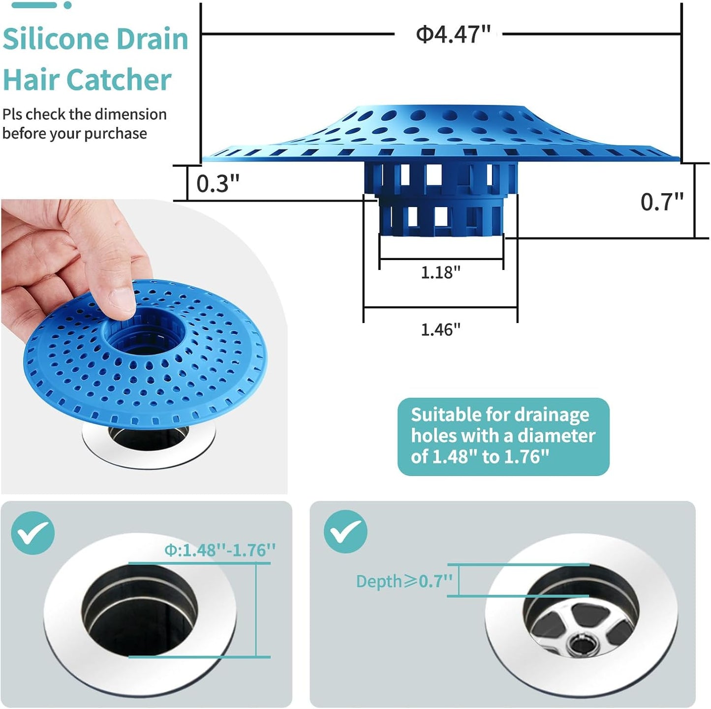 Shower Hair Drain Catcher, Silicone Bathtub Drain Hair Catcher Strainer, All-in-one Tub Hair Catcher Drain Protector for 1.48'' to 1.76'' Regular Drains, 3PCS/Blue