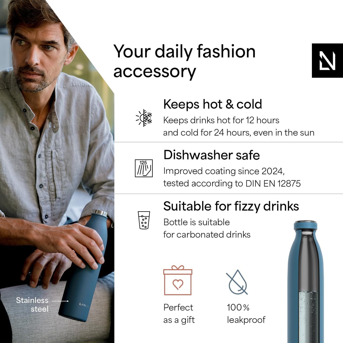 LARS NYSØM Stainless Steel Insulated Water Bottle 12oz 17oz 25oz 34oz 51oz | Insulated Thermo Flask for Hot and Cold Beverages | Leakproof Drinking Bottle (Calypso Blue, 17oz)