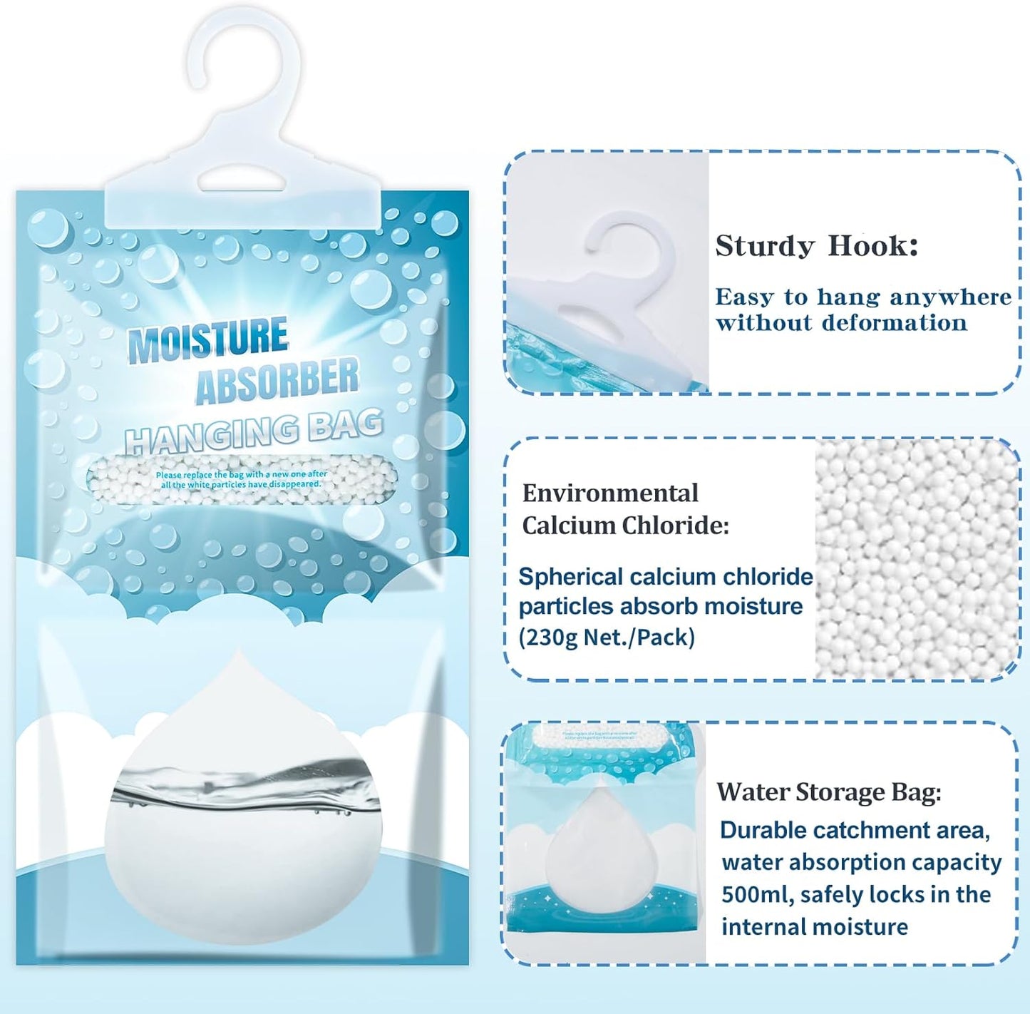 5 Pack Hanging Moisture Absorbers - Fagrance Free Dehumidifier Bags, 8.11 OZ, Removes Moisture & Odors, Humidity Absorber Packs for Closet Bedroom Kitchen