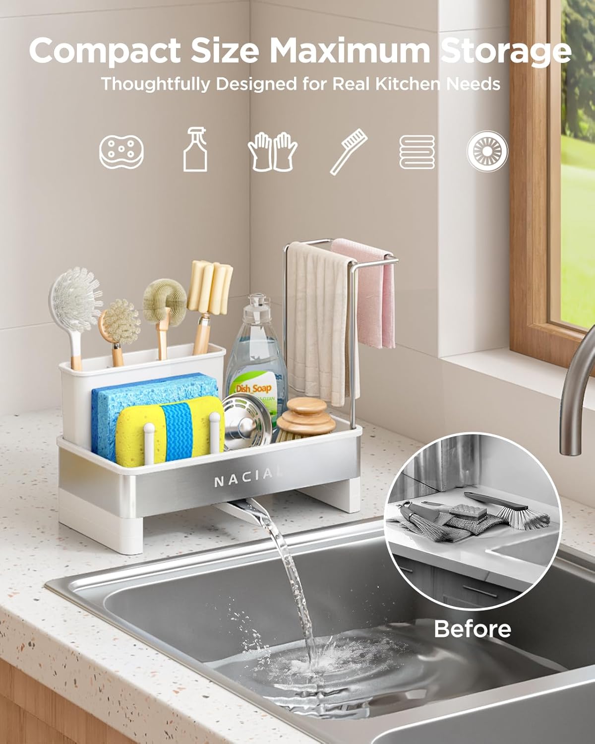 Nacial Sponge Holder for Kitchen Sink, Sink Caddy Organizer with High Brush Holder, Two Towel Racks & Soap Dispenser- Rustproof 304 Stainless Steel Kitchen Countertop Storage Essentials - White