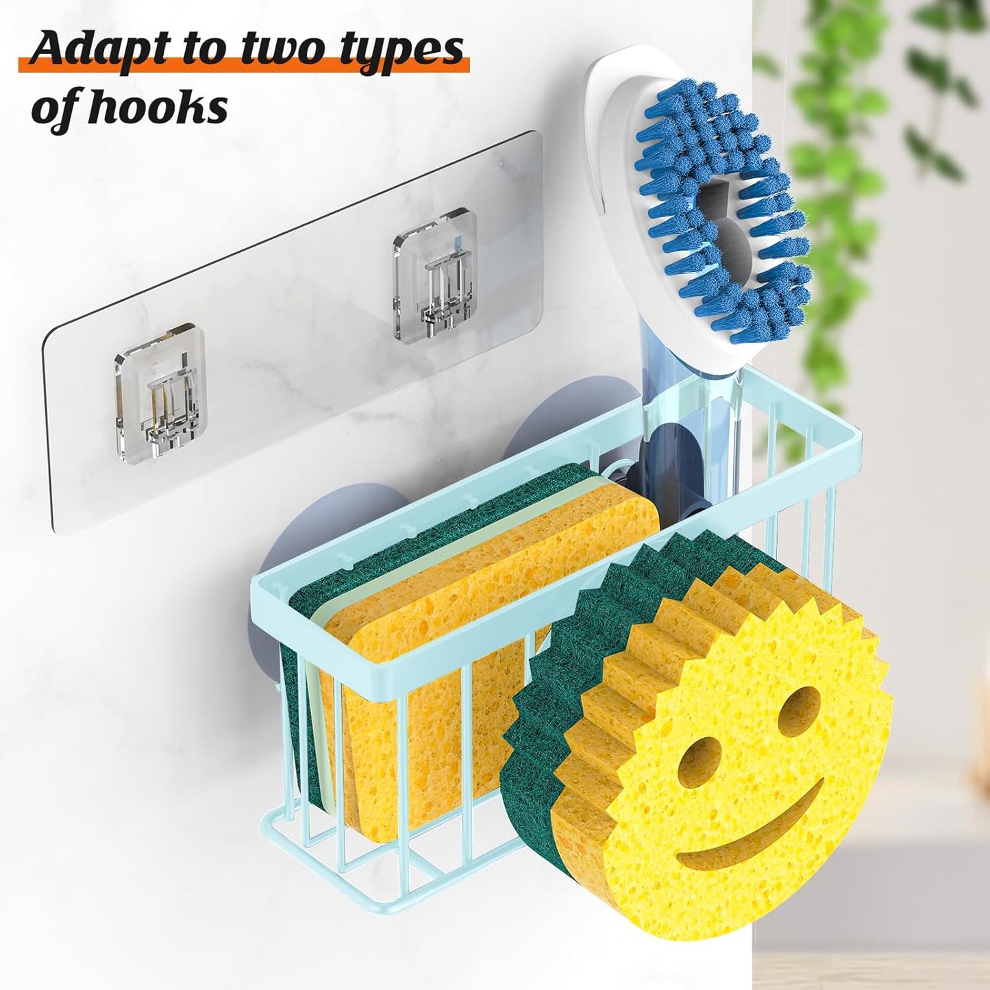 Sponge Holder Smiley Face,Sink Caddy for Kitchen Sink,Sponge Holder with 2 PCS Suction Cups/1 PCS Adhesive Strips,Designed for Sponge,Soap,Dish Brush,Scrubber-Blue