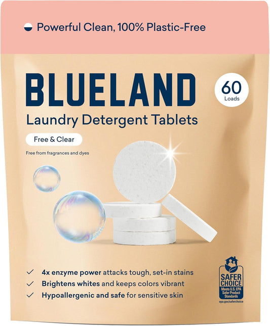 BLUELAND Laundry Detergent Tablets, 60 Count, Plastic-Free Eco-Friendly Pods, Sheets, Liquid Alternative - Fragrance Free and Clear, Natural, Gentle