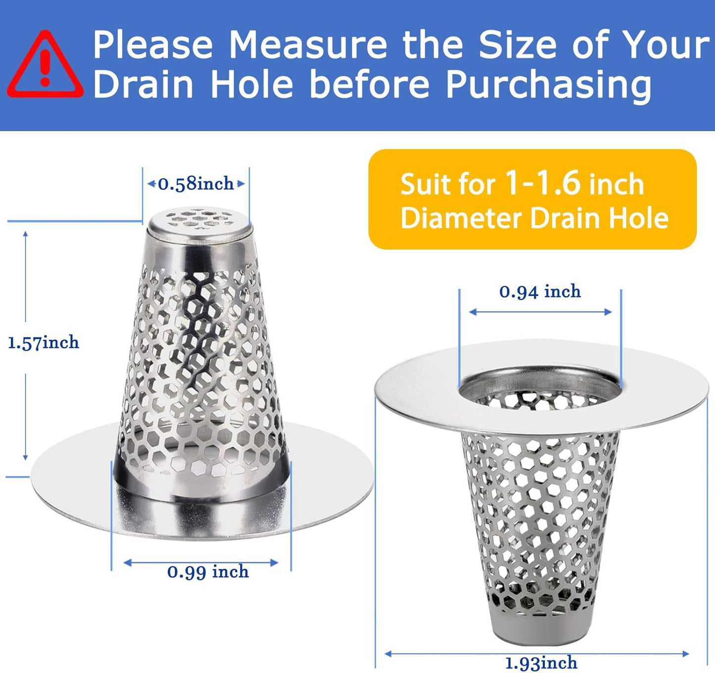 Bathroom Sink Drain Strainers for 1.1"-1.6" Depth Than 1.6" Drain Hole Catcher for Laundry, Utility, RV Sink.Small Conical Bathroom Sink Strainer Basket (0.94 inch Mouth Wide,3 Pcs)