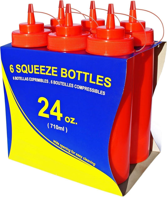 New Star Foodservice 26405 Squeeze Bottles, Plastic, Wide Mouth, 24 oz, Red, Pack of 6