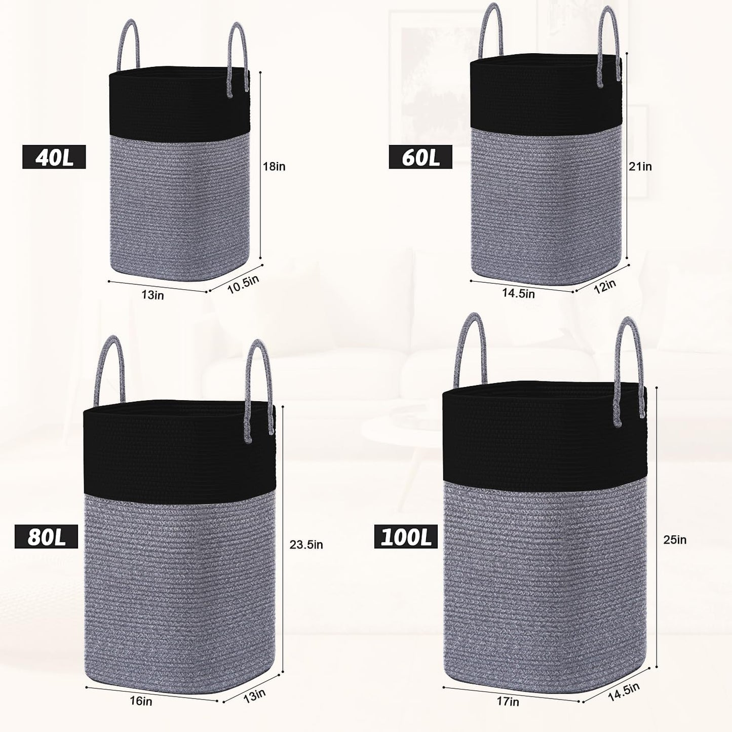 Laundry Basket,Woven Cotton Rope Laundry Hamper,Versatile Storage for Dirty Clothes,Baby Toys,and Blankets in Bathroom, Nursery,and Living Room (Black, 60L)