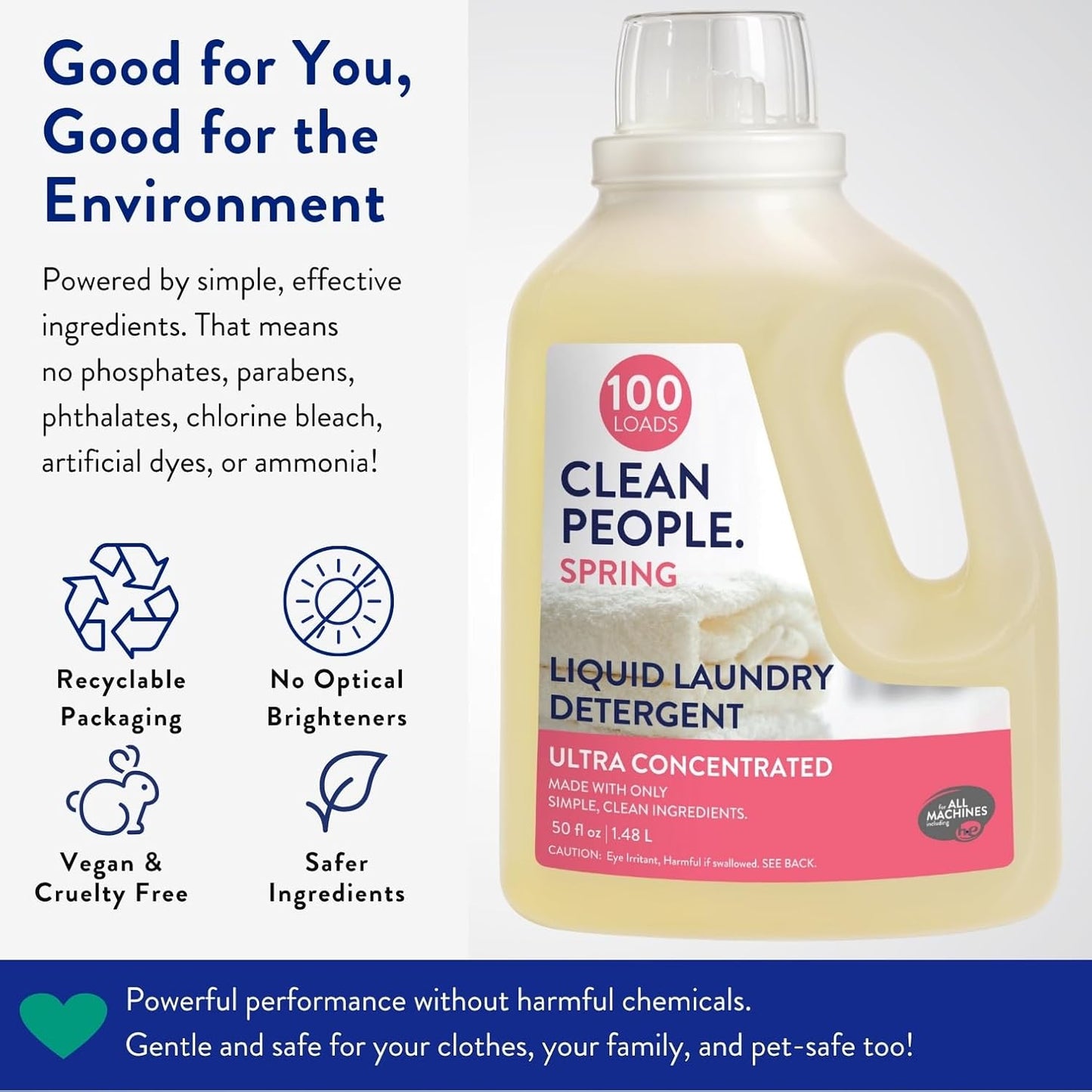 The Clean People Liquid Laundry Detergent - Recyclable Packaging, Stain Fighting - Ultra Concentrated, Laundry Soap - Spring Scent, 50 fl oz (2 Pack)