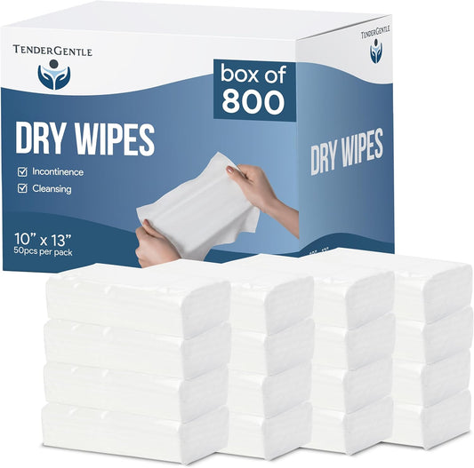 Dry Wipes for Adults - Case of 800 Unscented Disposable Washcloths - 10" x 13" Non Woven Wipes for Incontinence and Senior Care