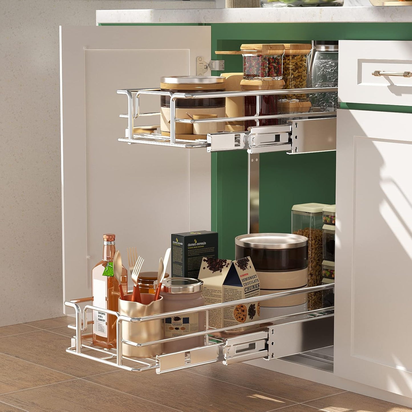 LOVMOR 2 Tier 5½" W x 21½" D, Individual Pull Organizer Kitchen Cabinet Storage Sliding Shelves