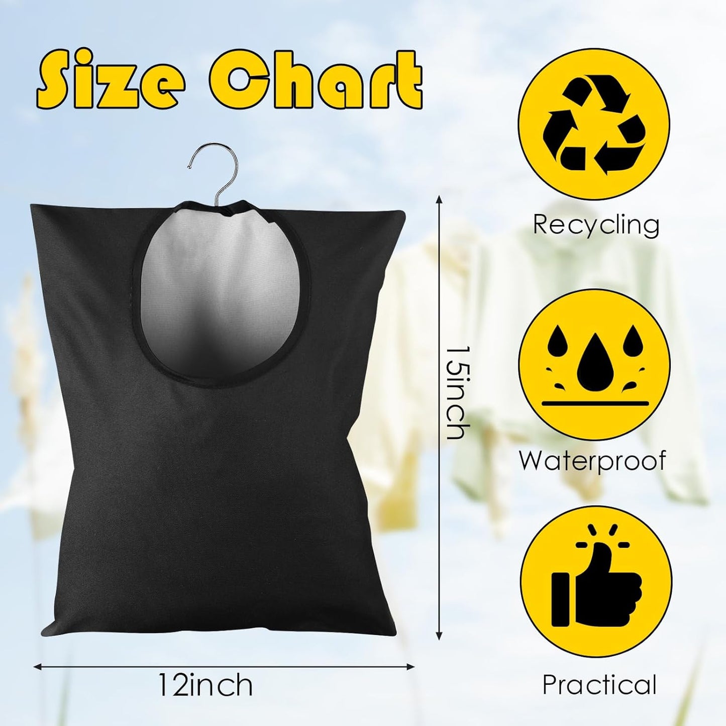 2 Pcs Clothes Pin Hanging Bag With Hook - 15 x 11 Inch Black Laundry Canvas Holder - Waterproof Storage Organizer for Clothespins