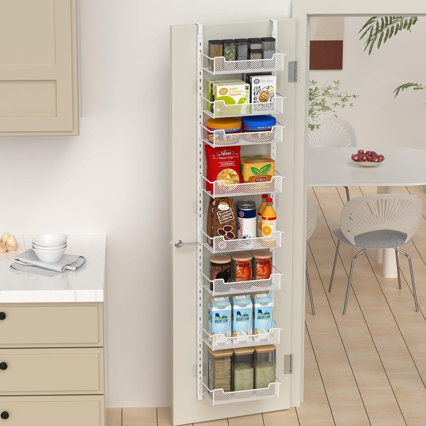 12.3" W Narrow Over the Door Pantry Organizer, 8-Tier Over the Door Organizer with Adjustable Basket, Pantry Door Organization for Pantry Kitchen Storage Room Spice Rack, White