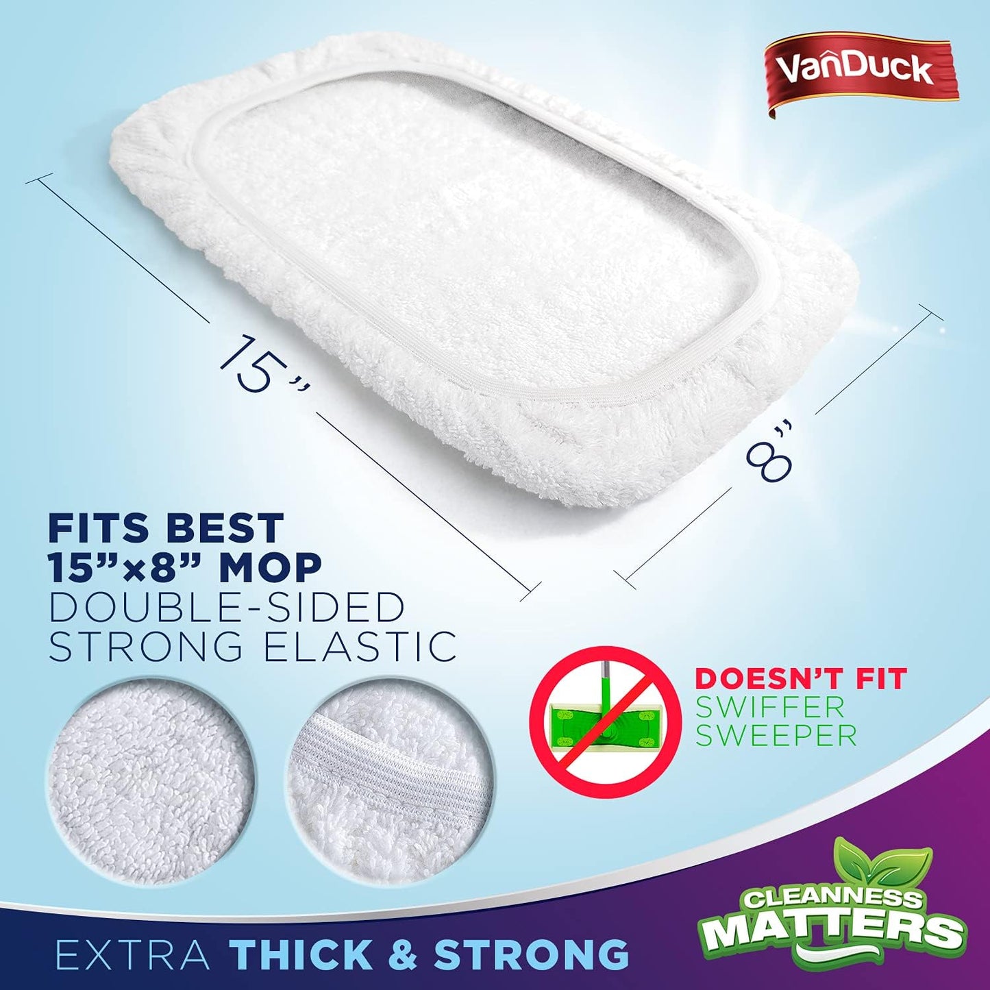 VanDuck 100% Cotton Terry Cloth Mop Pads 15x8 Inch 6-Pack (Handle is Not Included)