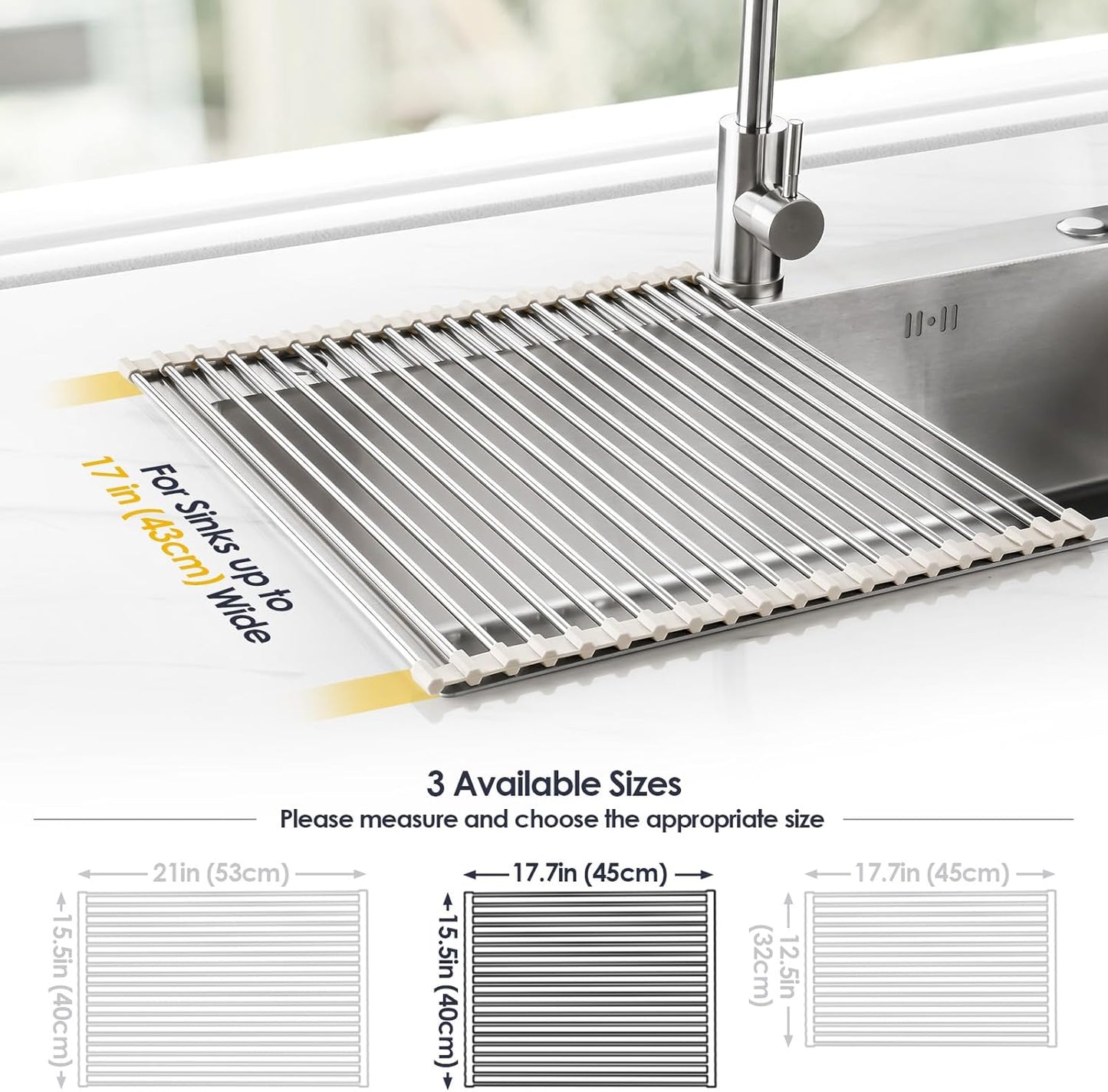 Tomorotec 17.7" x 15.5" Roll Up Dish Drying Rack Over Sink Drying Rack Sink Cover Kitchen Sink Accessories Gadget Multipurpose Organizer Foldable Stainless Steel Drainer