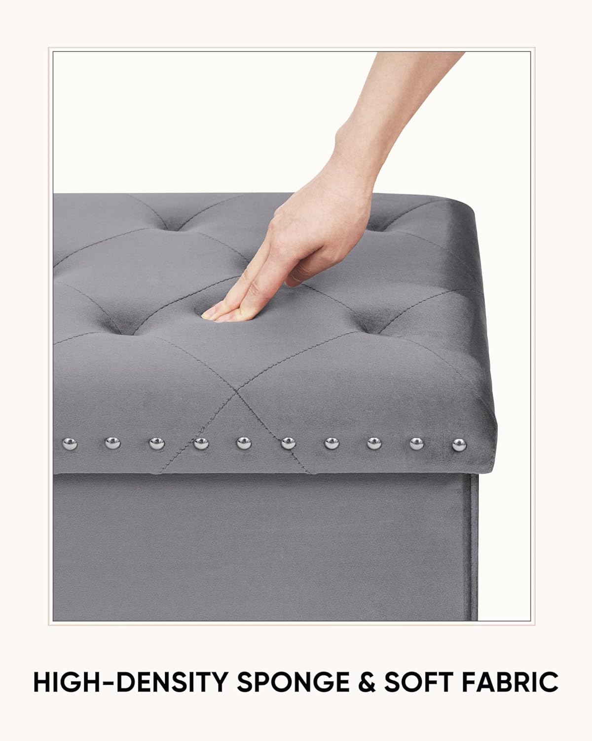 Velvet Storage Ottoman Bench, 43.3" Folding Ottoman with Rivet Trim, Heavy-Duty Upholstered Entryway Bench, Sturdy Footrest and Seat for Bedroom, Living Room, Holds up to 660 LBS, Grey