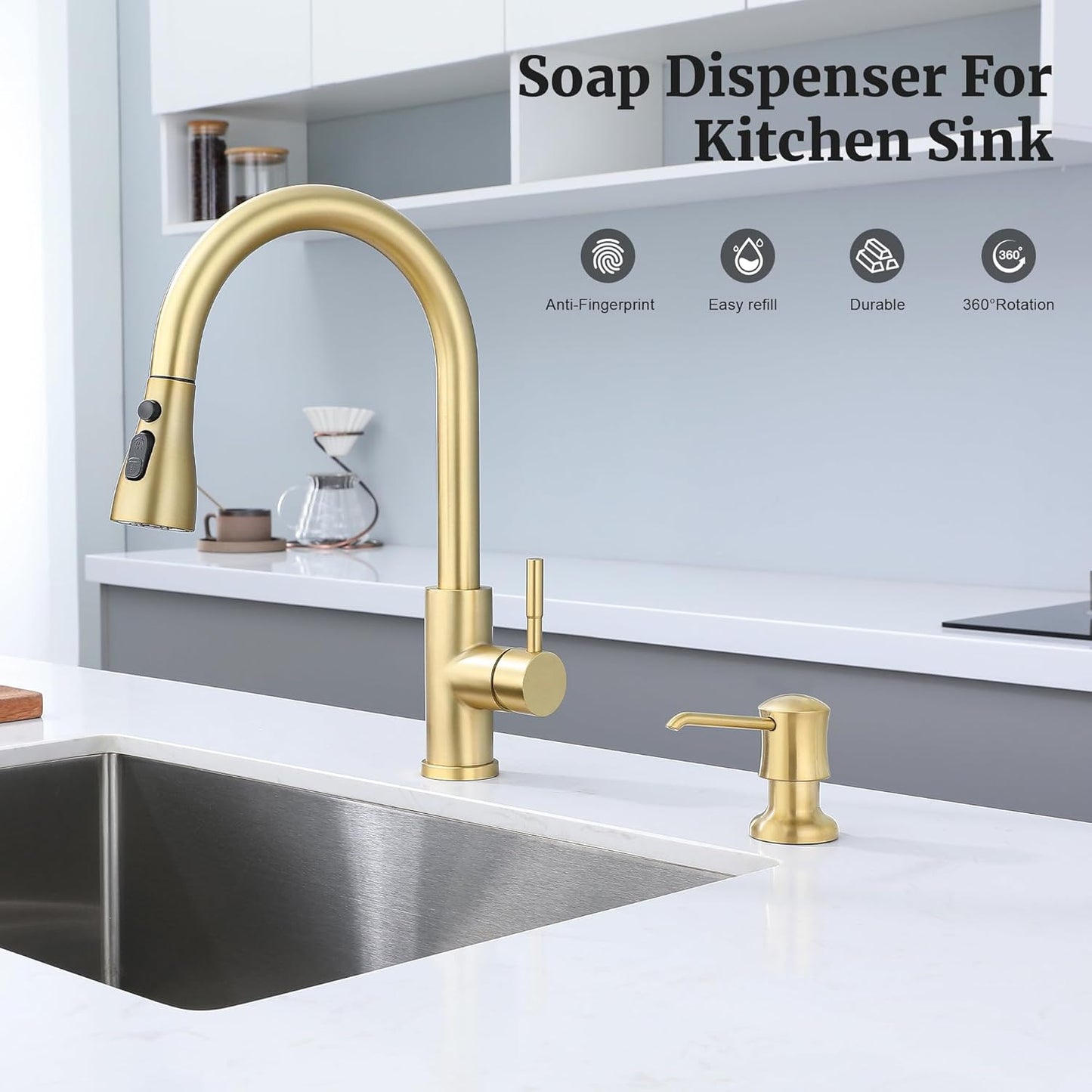 Sink Soap Dispenser for Kitchen Sink Brushed Gold Upgrade with 40" Silicone Extension Tube Kit, Connect to Your Soap Bottle Directly