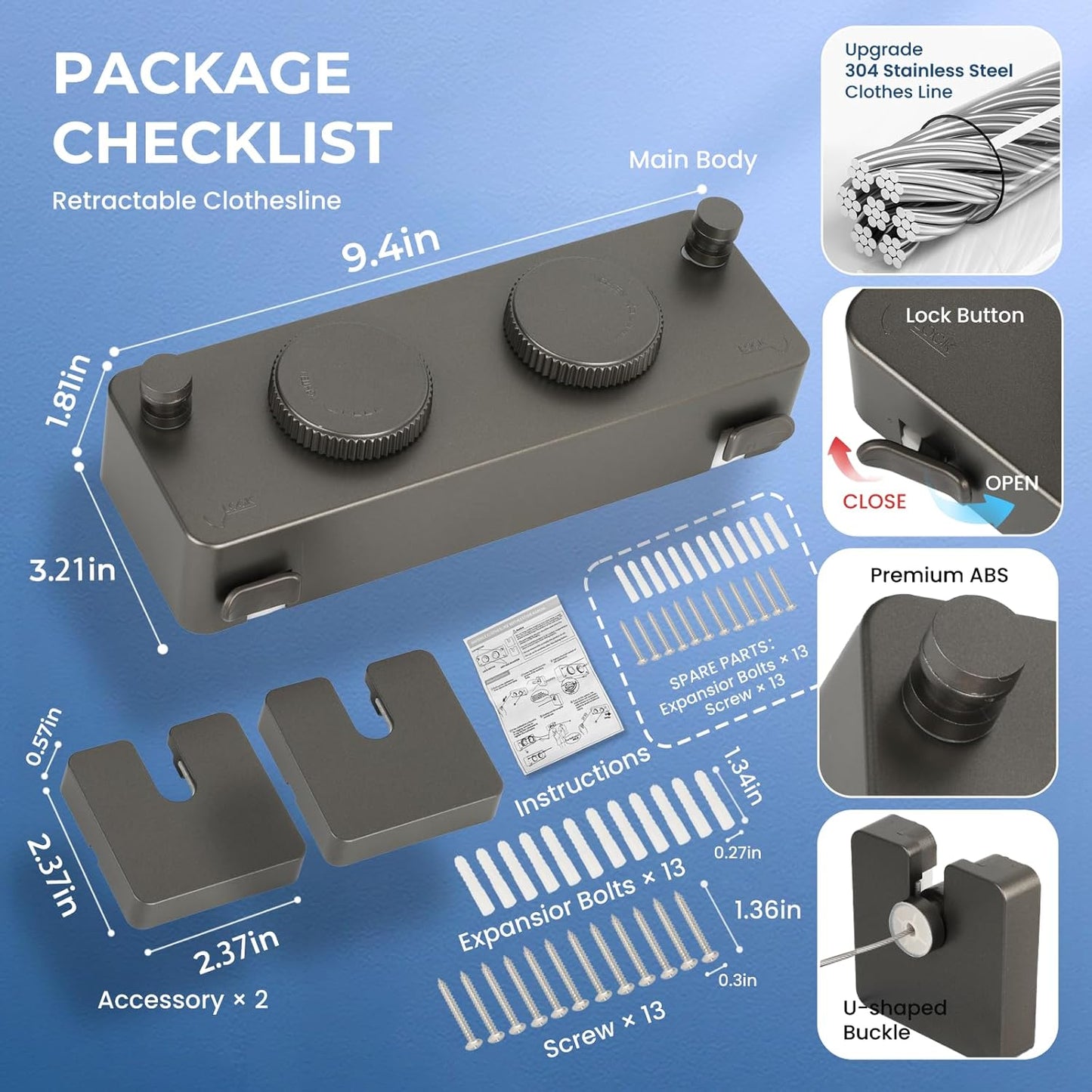 Retractable Clothesline Indoor Outside Heavy-Duty, Upgrade 304 Double Stainless Steel Shower Room Clothes line, Fit Rv Balcony Courtyards Indoor Drying Rack Clothesline, 13.8ft