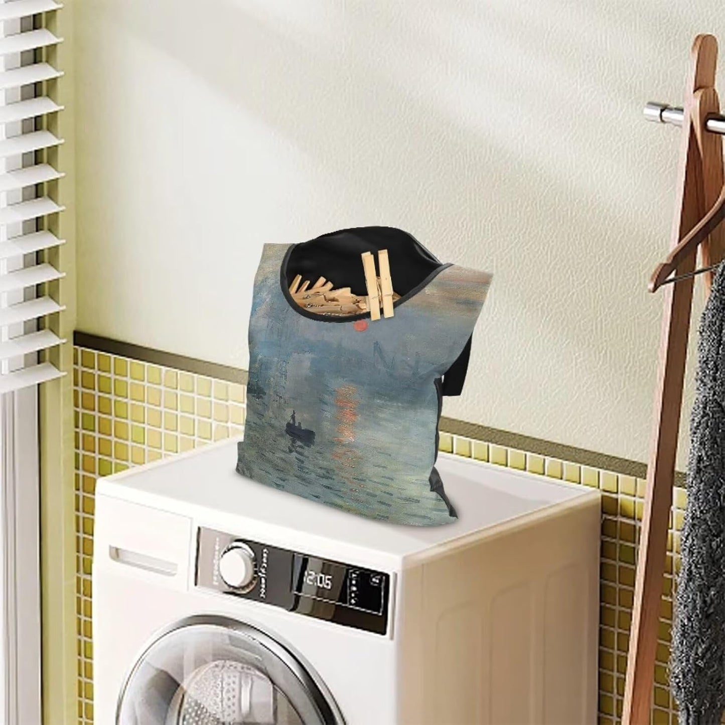 Heavy Duty Outdoor Clothespin Bag - Impression Sunrise Print Windproof & Water Repellent Hanging Storage for Clothesline Accessories - Extra Large Opening with Reinforced Stitching