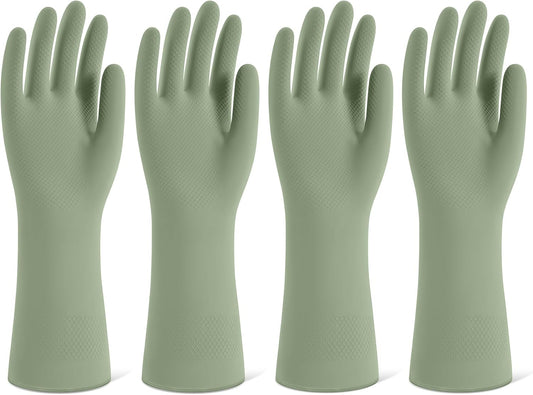 Rubber Cleaning Gloves for Dishwashing, 4 Pairs Reusable Kitchen Gloves for Washing Dishes and Household Cleaning, Green Dish Gloves with Flocked Lining and Non-Slip Grip, Pefect for Woman Men - M