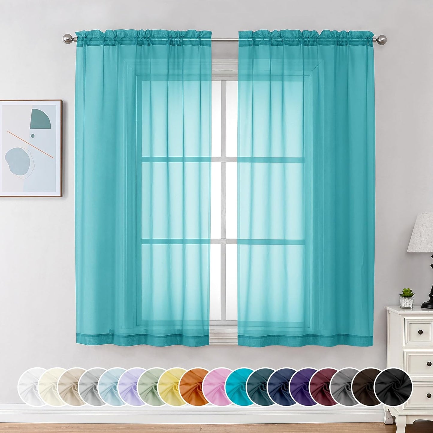 Chyhomenyc Turquoise Sheer Curtains 54 Inch Long 2 Panels, Light Filtering Rod Pocket Voile Short Curtains Drapes for Living Room Bedroom Small Windows, 42Wx45L Inches