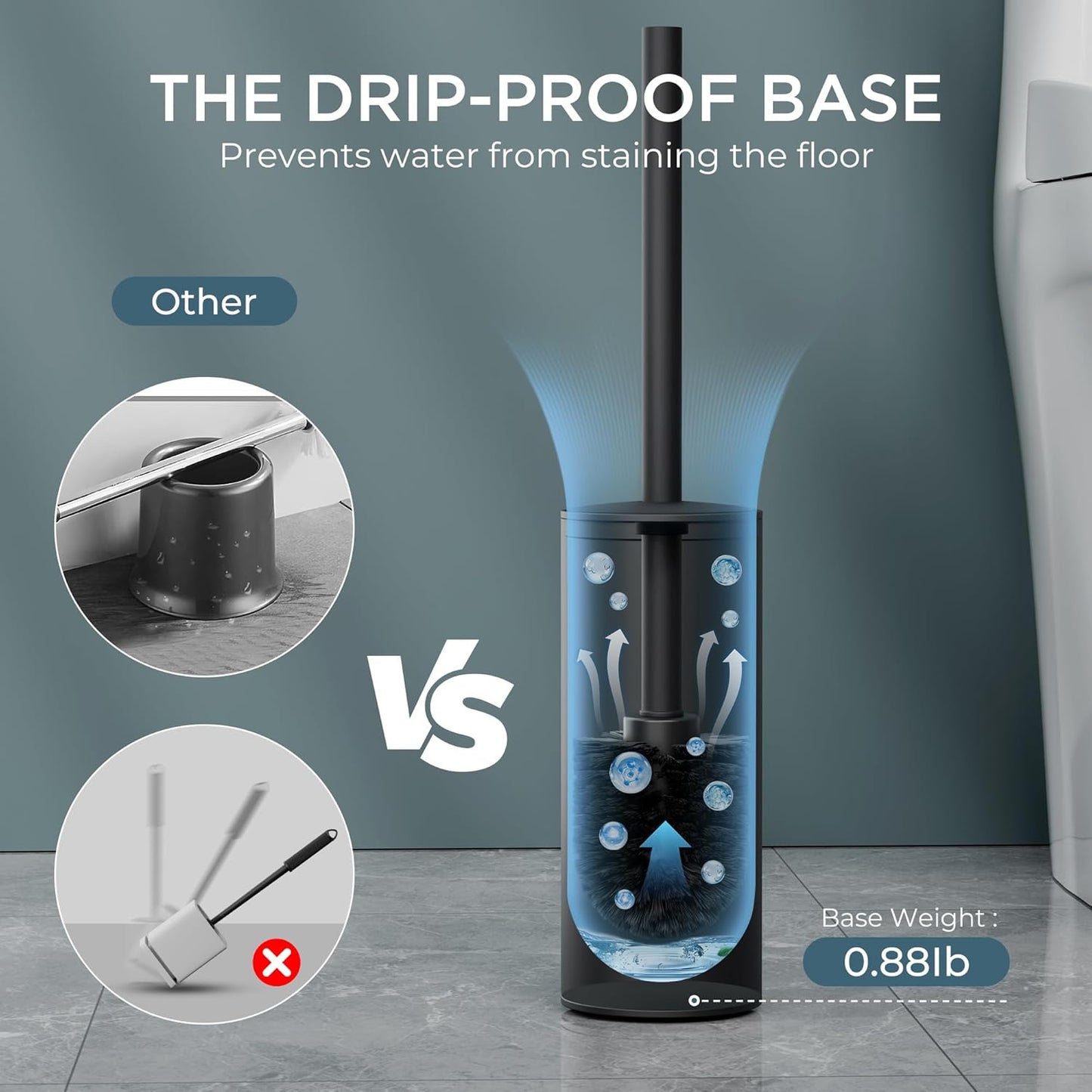 FORIOUS Toilet Brush and Holder Set Black, Heavy Duty 304 Stainless Steel Base and Long Handle Toilet Bowl Cleaners Brush, for Bathroom Storage and Organization, 2 Brush Head