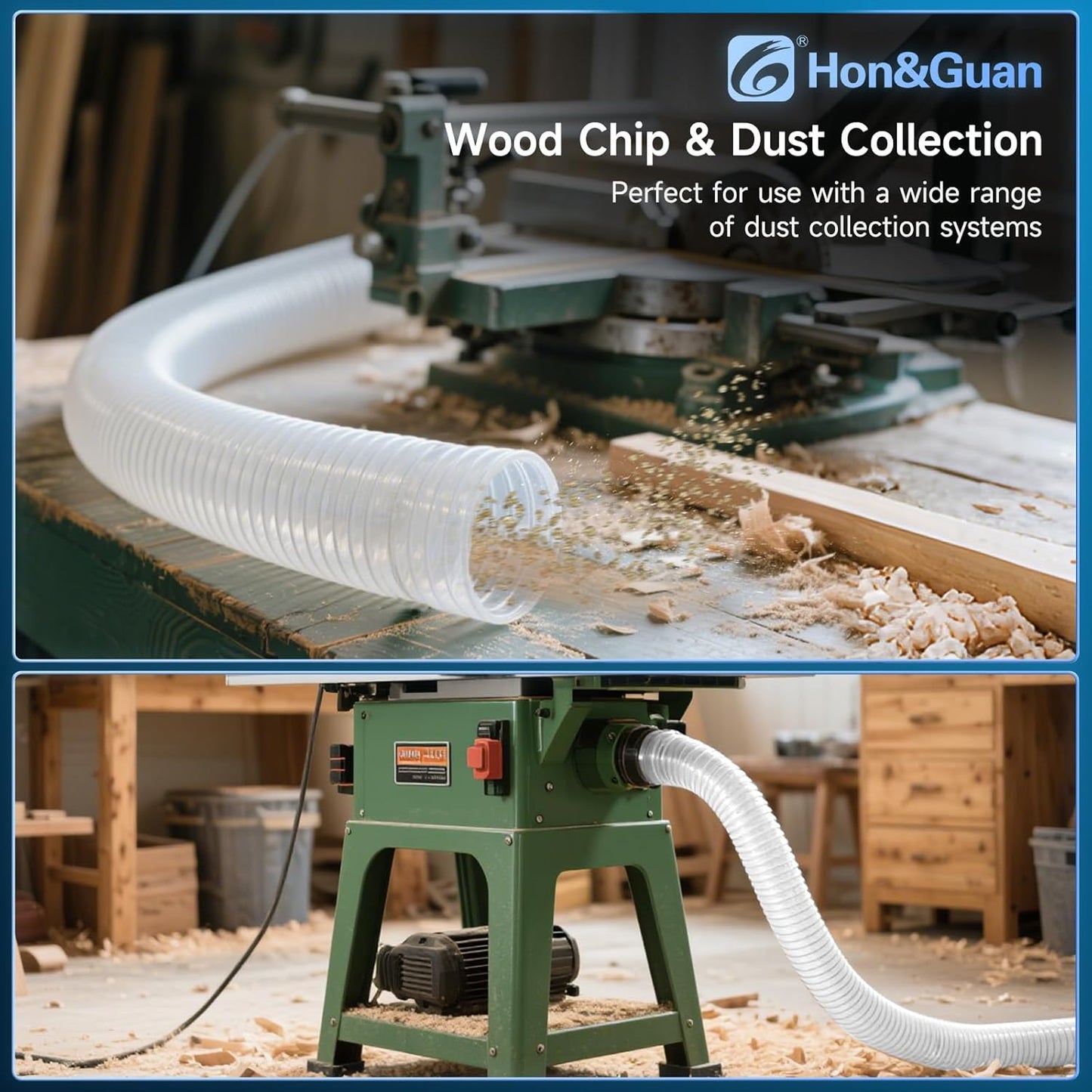 Hon&Guan 4" x 10' Dust Collection Hose, Flexible Clear Odorless PVC Dust Collector Hose with Carbon Steel Wire, Puncture Resistant Dust Hoses for Woodworking Dust Collecting System