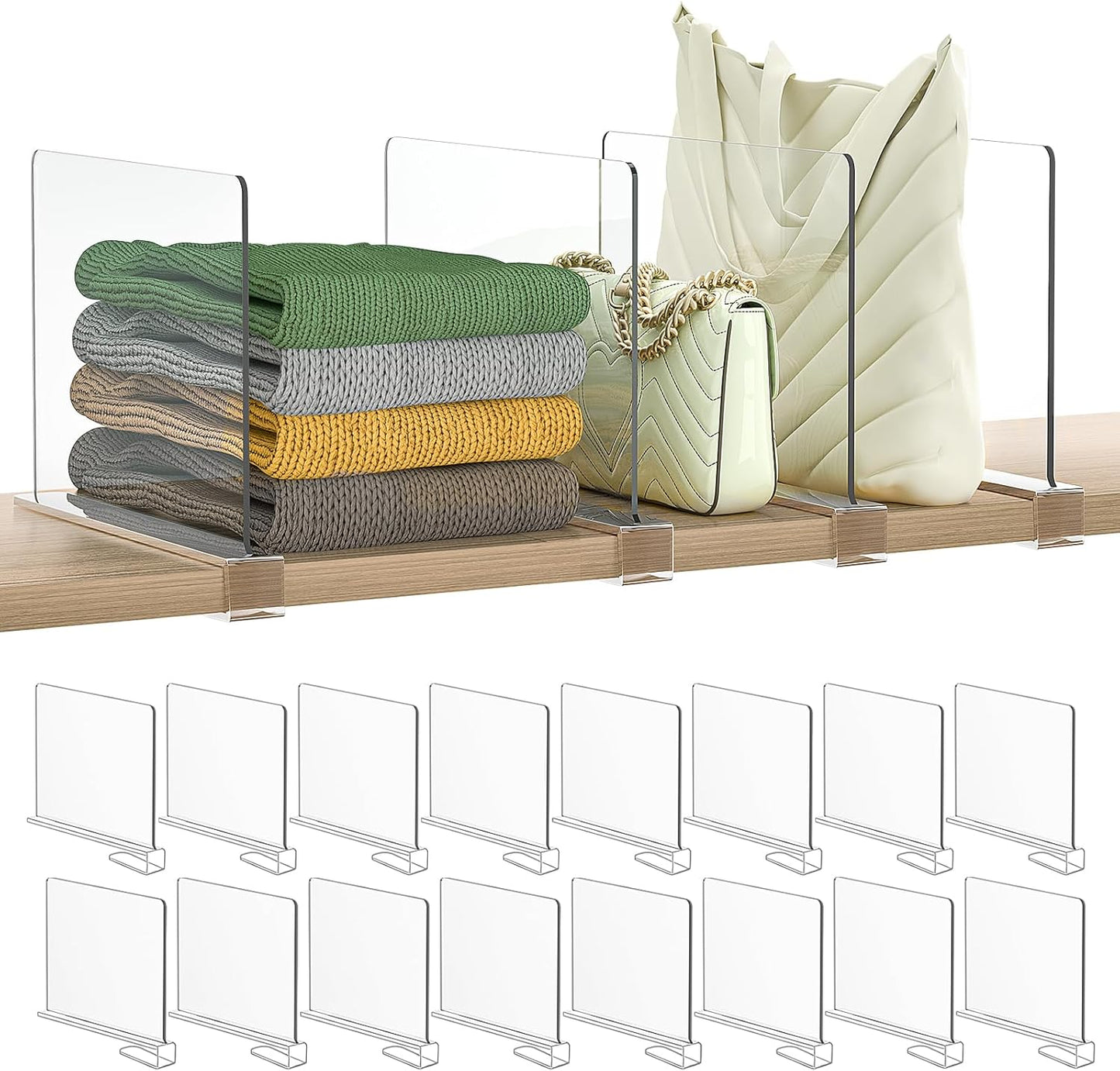Shelf Dividers Purse Organizer for Closet: 16-Pack Acrylic Bag Storage Organizer for Handbags, Clutches, Clothes, Sweater, Towel on Wood Shelves