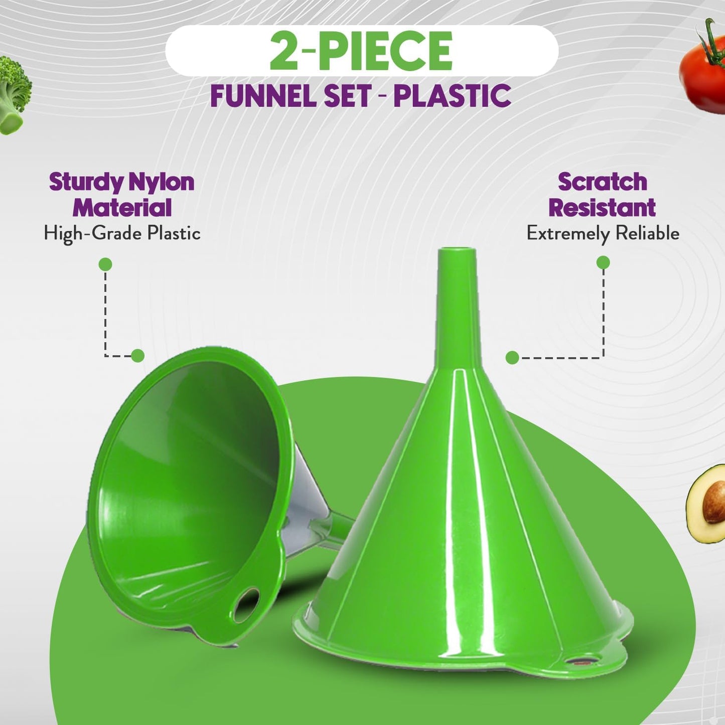 Crisp 2-Piece Funnel Set - All Purpose Funnels for Kitchen Use Filling Bottles - Durable & Dishwasher Safe Kitchen Funnel Set - Made in The USA - Bright Green