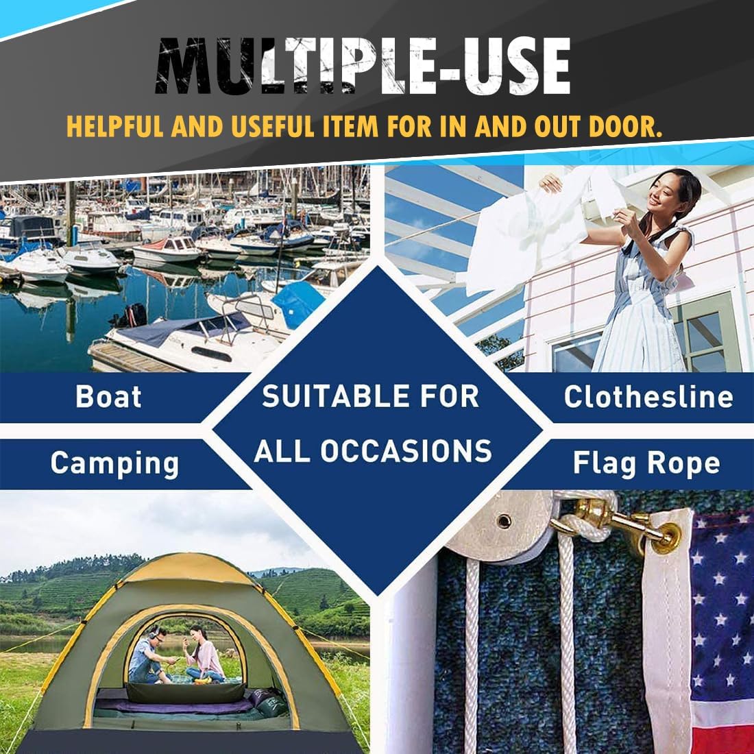 PerkHomy 500lb Cotton Rope 3/16" (5mm) 50 ft Multi Purpose Utility Diamond Braided Cord, Natural Cotton for Clothes Line Camping Crafting Flag Pole, Blue