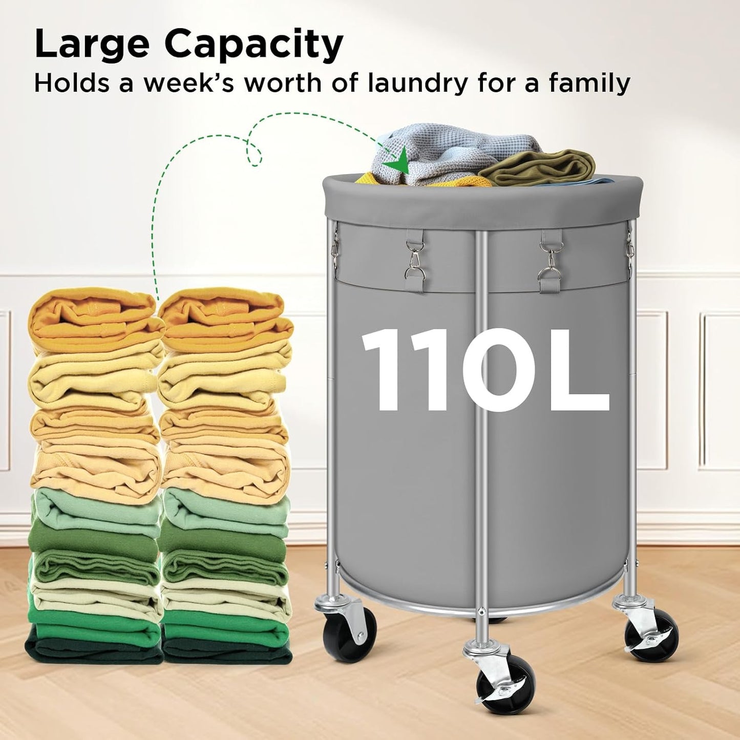 Laundry Hamper with Wheels, 100L Round Rolling Laundry Basket Sorter with Removable Bag, Clothes Cart Organizer with Steel Frame for Bedroom, Bathroom, Laundry Room, Grey