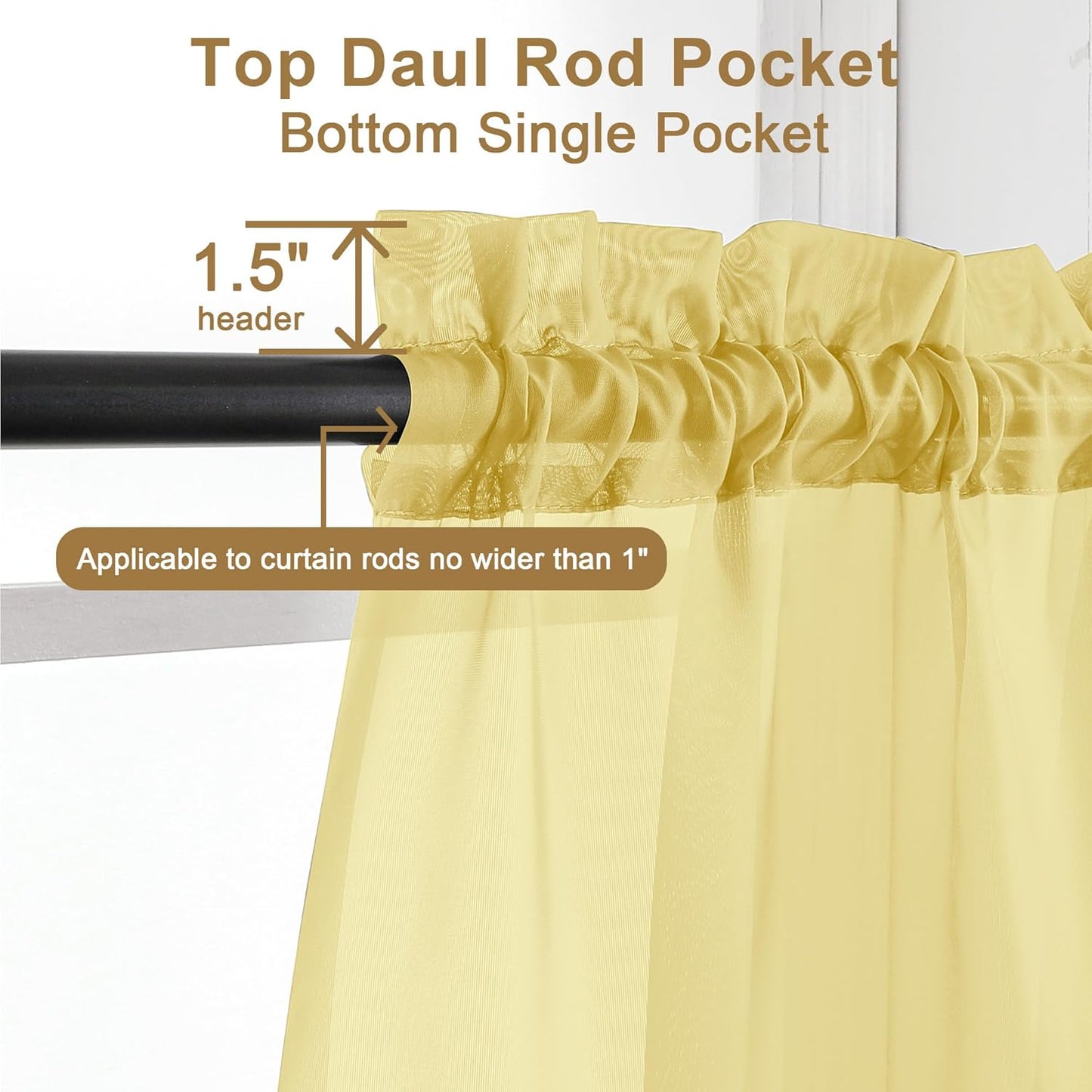 Chyhomenyc Yellow Sheer Curtains 30 inch Length 2 Panels, Light Filtering Voile Rod Pocket Short Window Curtians for Bathroom Living Room Farmhouse Small Windows, 42Wx30L inches
